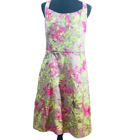 Banana Republic Green Pink Floral Silk Blend Sleeveless Dress Size 14 - Picture 1 of 8